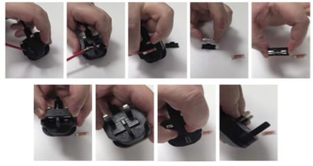 Nine-step photographic guide showing hands demonstrating how to open a UK plug, remove the old fuse, insert the new replacement fuse, and reassemble the plug